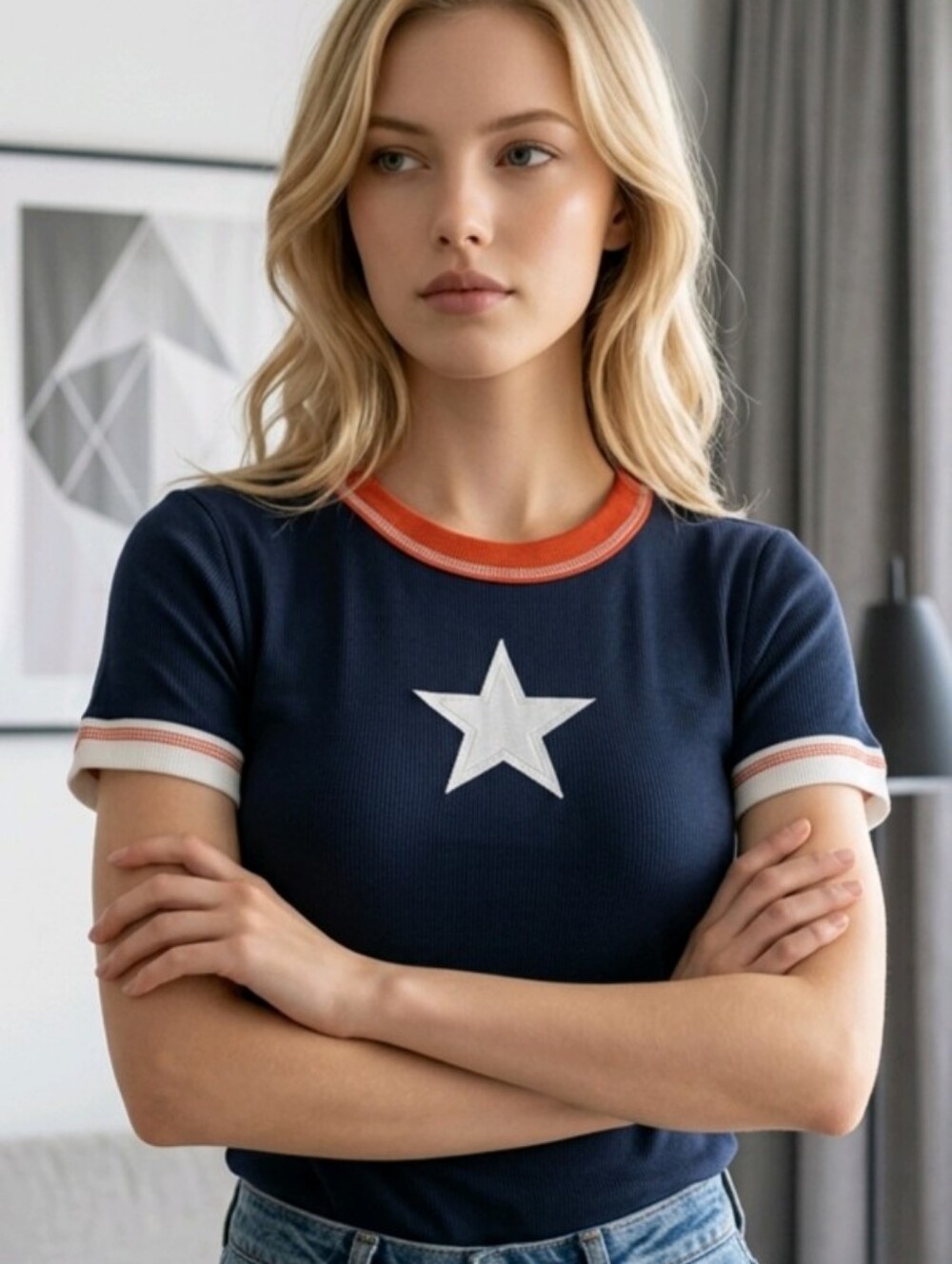 Navy Blue Star T-Shirt with Red Trim Cropped Knit Medium